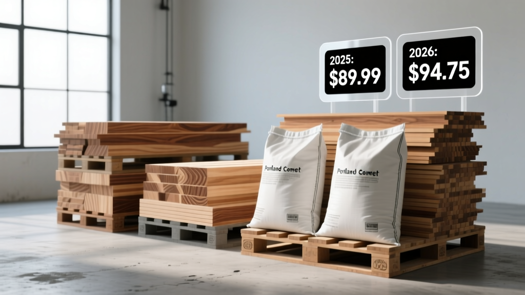 Pallets of SPF dimensional lumber and Portland cement bags with digital price tags showing 2025 and 2026 cost data