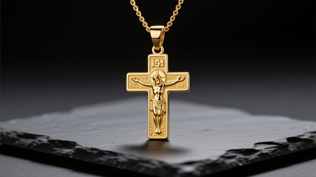 Detailed 14k solid gold Jesus necklace pendant resting on dark slate surface under soft, warm directional studio lighting setup.