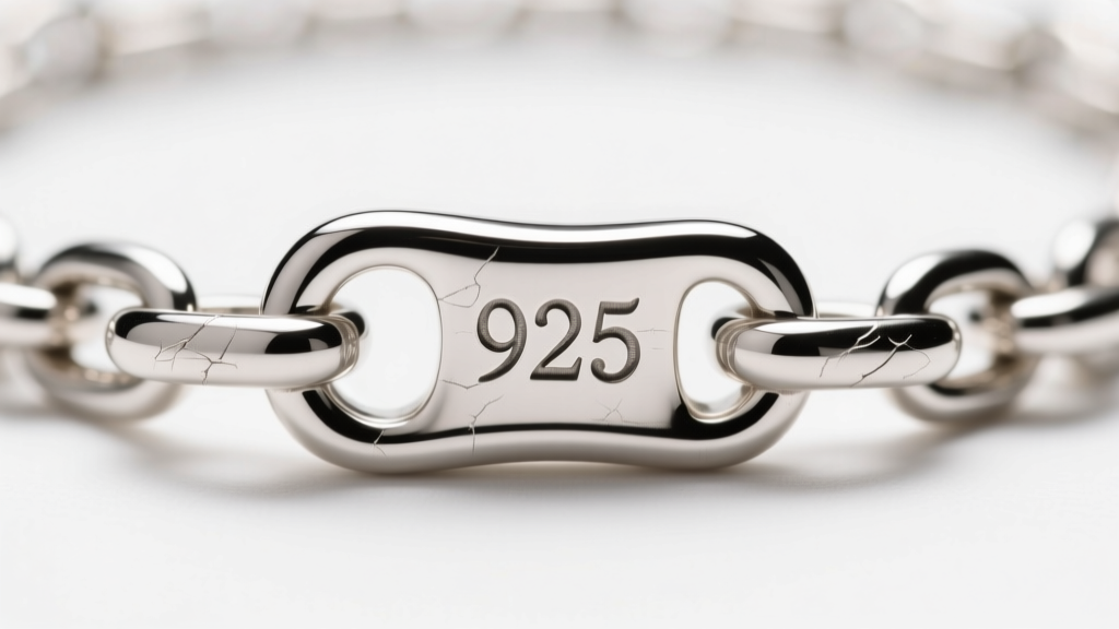 Macro shot of a 925 hallmark stamped on a silver rolo chain clasp, illuminated by a jeweler