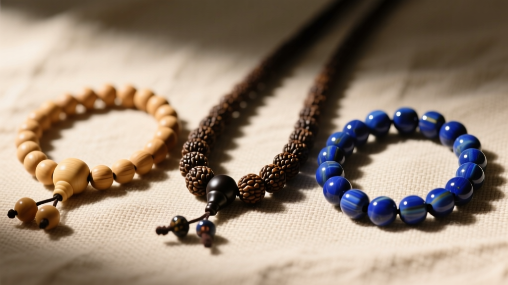 Three mala necklaces on linen: light sandalwood, dark rudraksha seeds, and polished lapis lazuli beads in warm light.