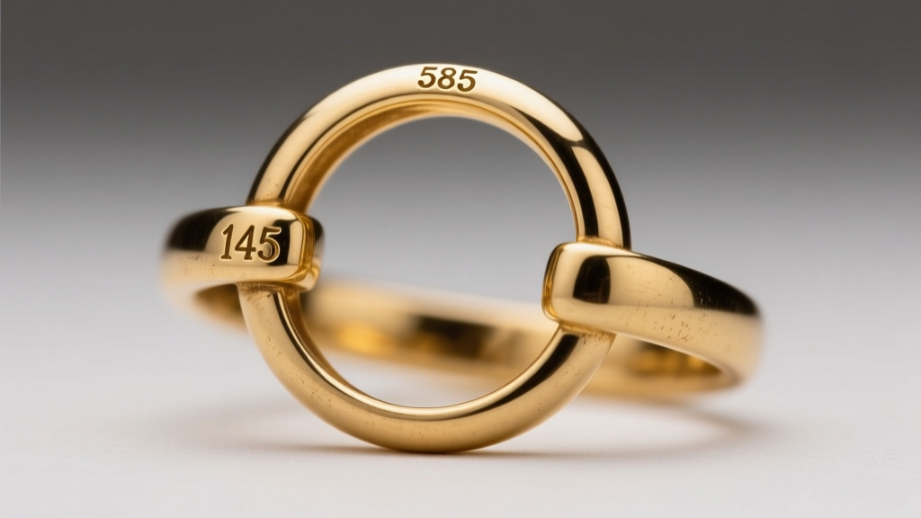 Macro shot of a vintage 14k gold hoop clasp showing a 585 hallmark stamp under bright jeweler's loupe lighting on dark velvet