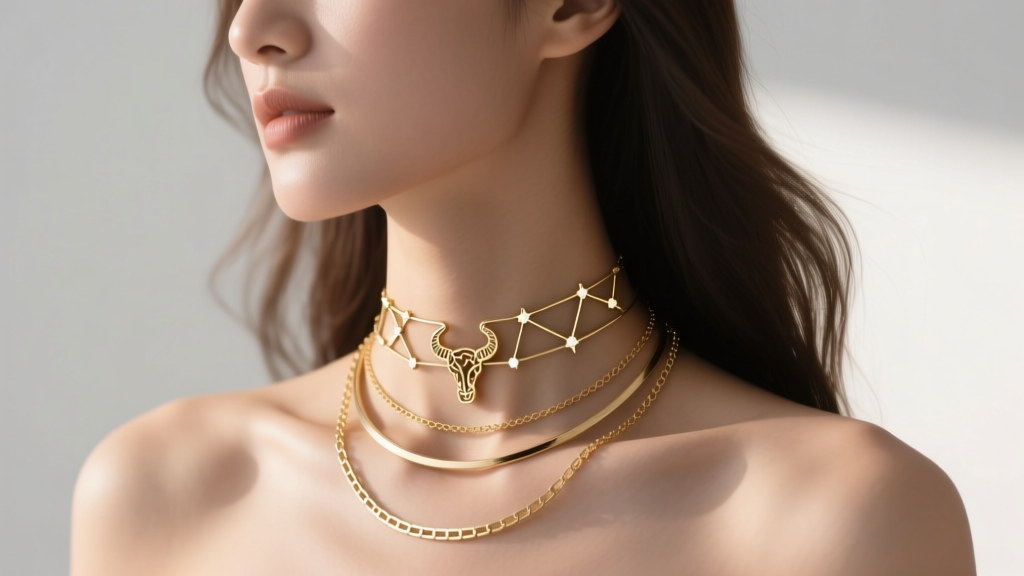 Woman wearing a layered stack with a 16-inch Taurus constellation choker and an 18-inch plain gold box chain in natural light