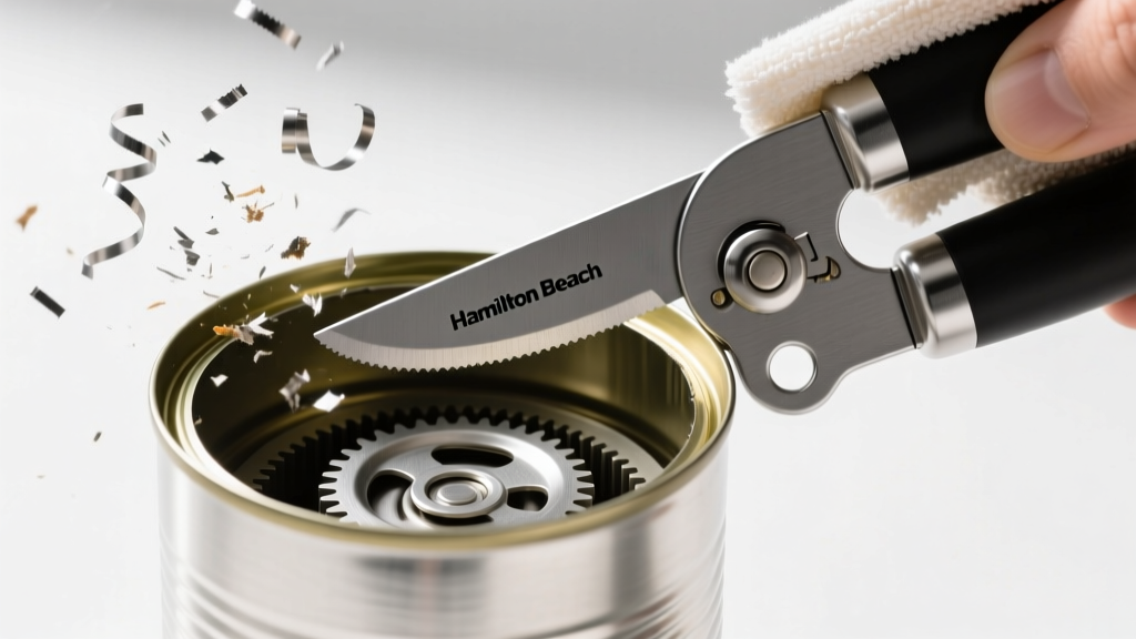 Hamilton Beach smooth edge can opener cutting a tin can showing the magnetic gear track and metal swarf wiped with a microfiber cloth