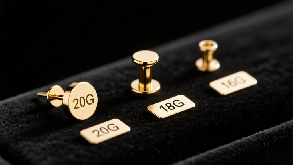 Three solid gold earring posts in 20G, 18G, and 16G on dark velvet, beside small tags displaying exact precious metal weight values.