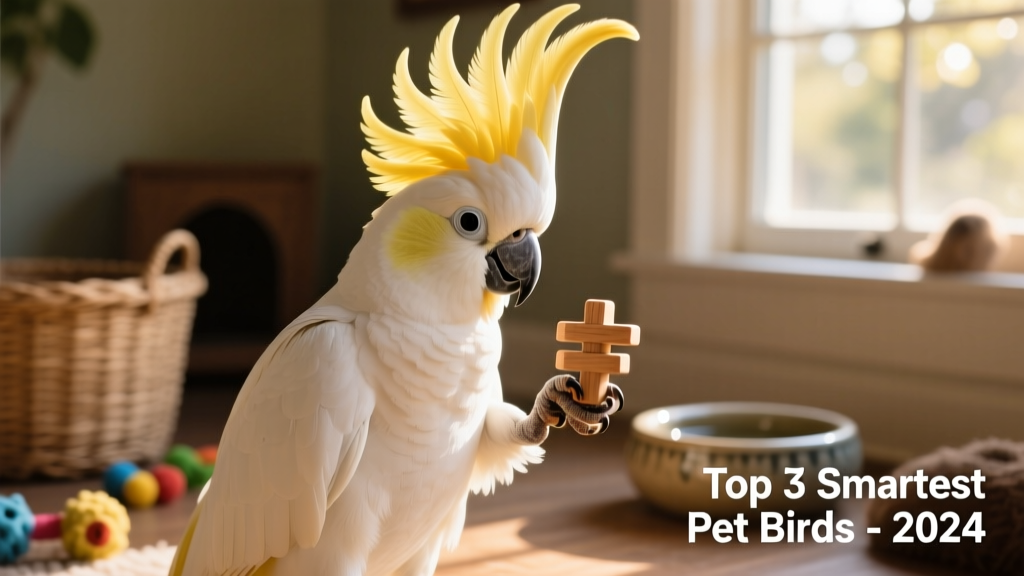 A white sulphur-crested cockatoo with raised crest, holding a small puzzle toy in its foot while looking directly at the camera