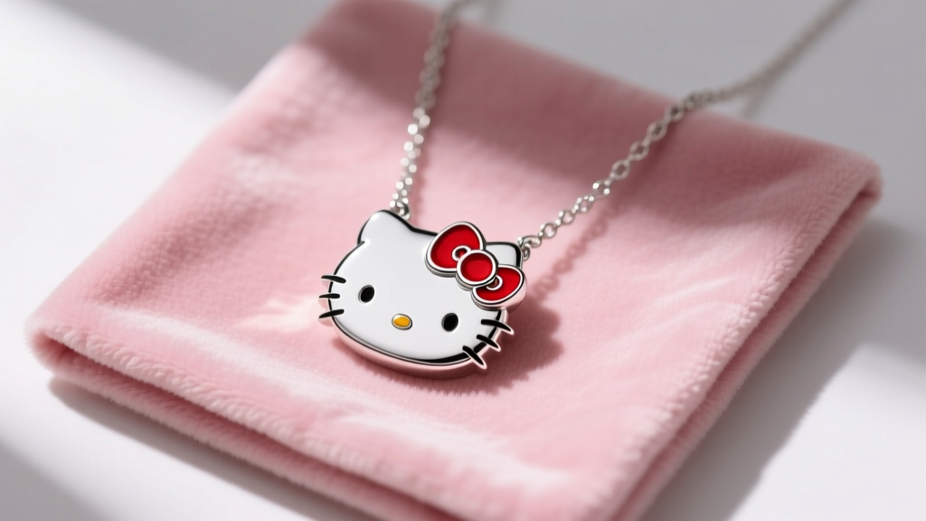 Flat lay of a sterling silver Hello Kitty pendant necklace with red enamel bow on a pink velvet cleaning cloth, top-down view