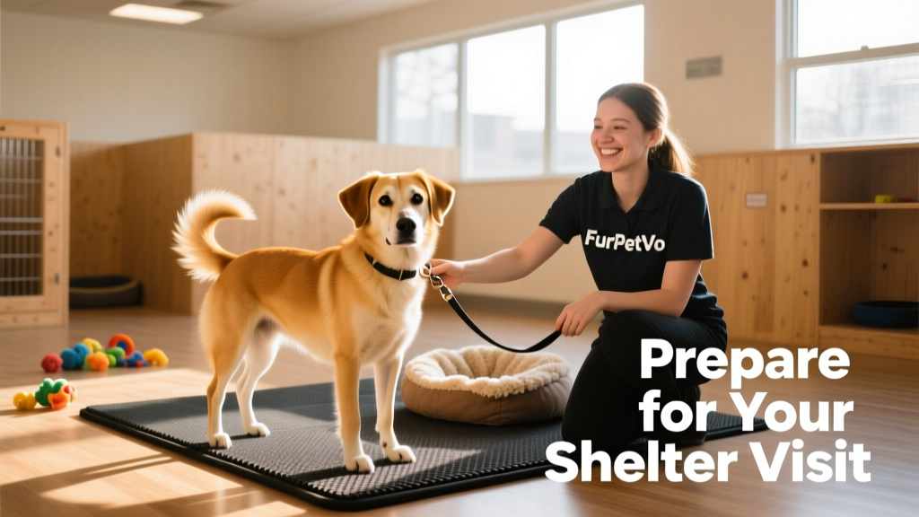 A friendly FurPetVo volunteer smiling while gently holding a calm, medium-sized dog on a leash inside a clean, sunlit shelter play area