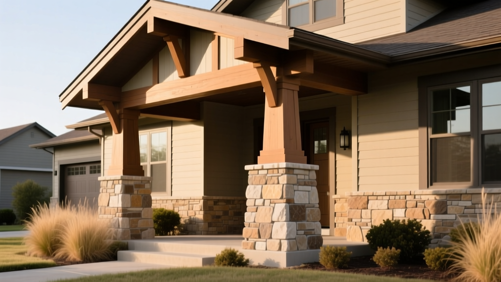Exterior of a Craftsman home in Kansas City featuring a blend of warm manufactured stone veneer and natural limestone accents around porch pillars