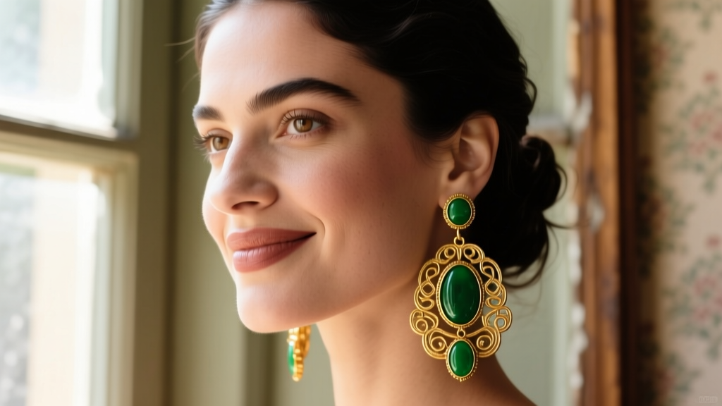 Close-up of a woman wearing heavy gold and jadeite drop earrings inspired by Frida Kahlo, soft natural sunlight, vintage aesthetic