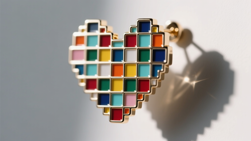 Macro shot of a hard enamel cloisonné pixel-art heart earring, showing polished metal lines separating the vibrant colored resin.