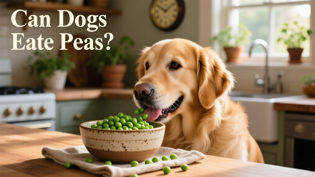 A dog happily eating steamed green peas from a ceramic bowl