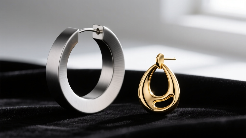Macro shot of a matte anodized aluminum giant hoop earring beside a polished hollow 14k gold drop earring resting on dark velvet