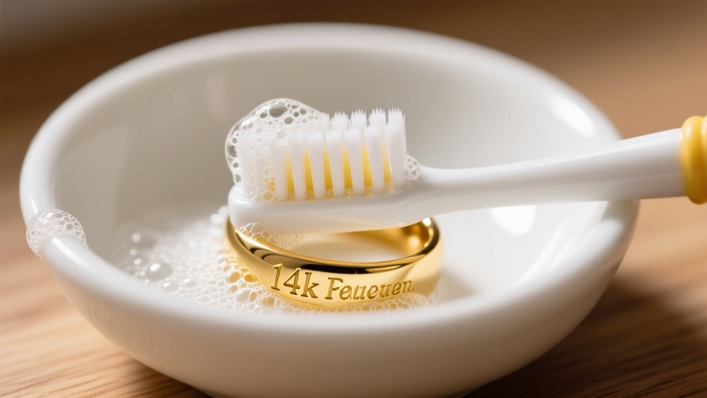 Macro shot of a soapy baby toothbrush gently scrubbing a textured 14k yellow gold signet ring inside a small white ceramic bowl.