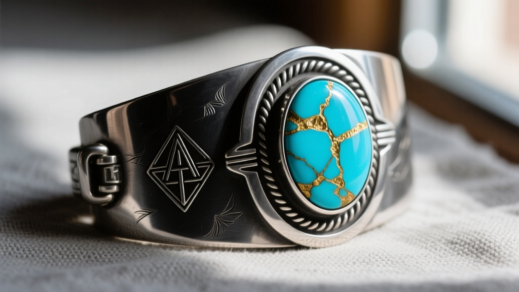 Close-up of a Navajo silversmith hallmark stamped deeply into the back of a thick sterling silver turquoise nugget necklace clasp