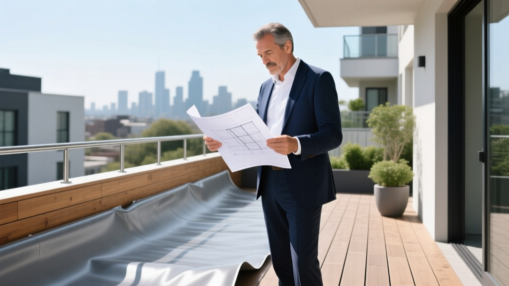 Architect reviewing blueprints while inspecting a newly installed PVC waterproof decking membrane on a residential balcony
