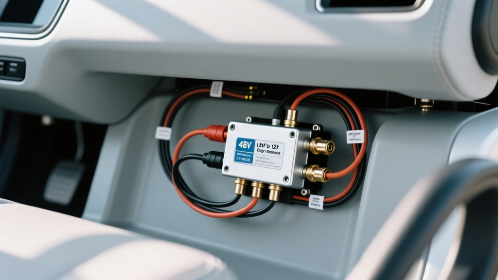 Clean wiring setup under a golf cart dashboard showing a 48V to 12V step-down converter connected to a lithium battery terminal
