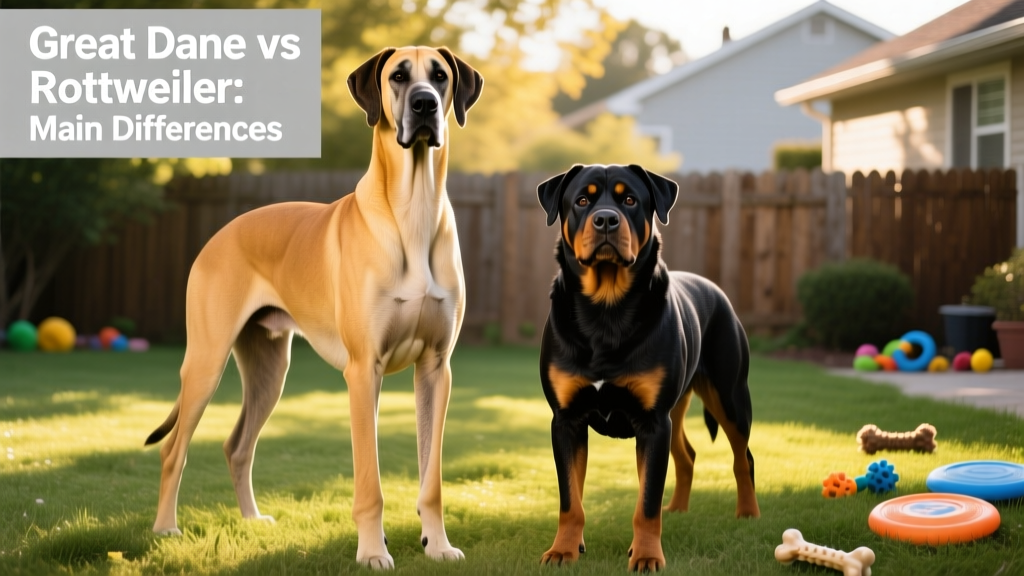 Side-by-side comparison showing a tall, lean Great Dane standing calmly beside a compact, muscular Rottweiler