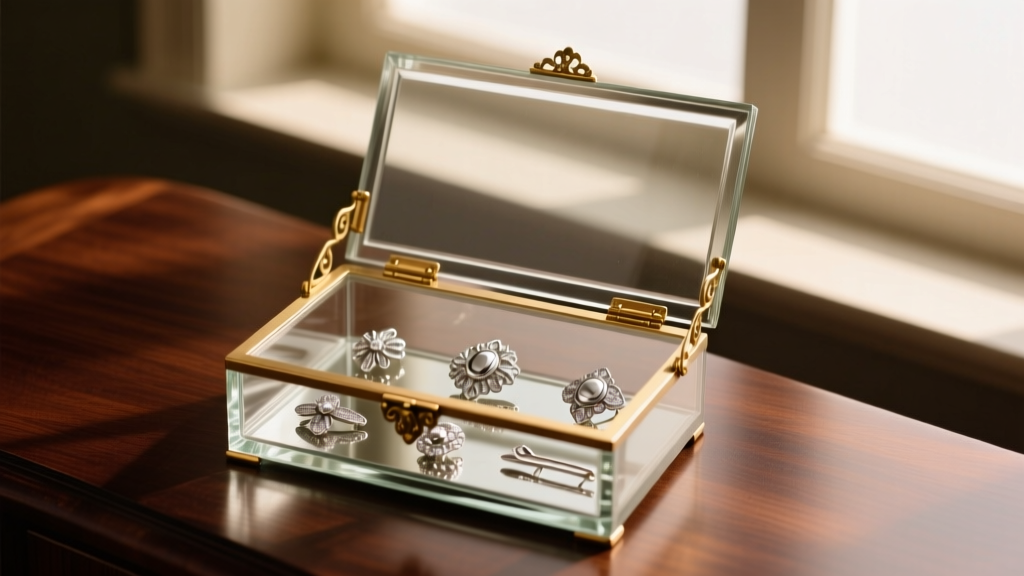 Restored vintage glass jewelry box with brass hinges on dark wood, holding silver brooches under soft warm studio light