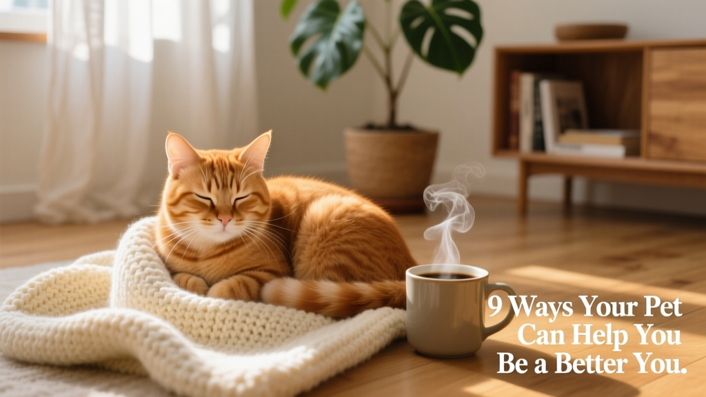 A relaxed ginger cat curled up on a cozy blanket beside a steaming mug, bathed in soft morning light