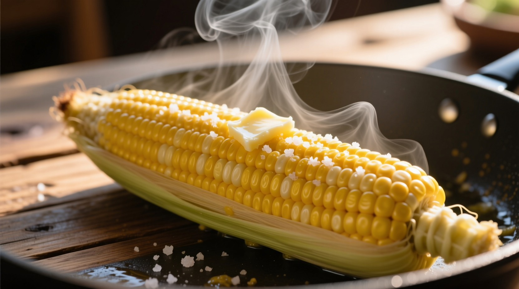 Freshly cooked corn on cob with steam rising