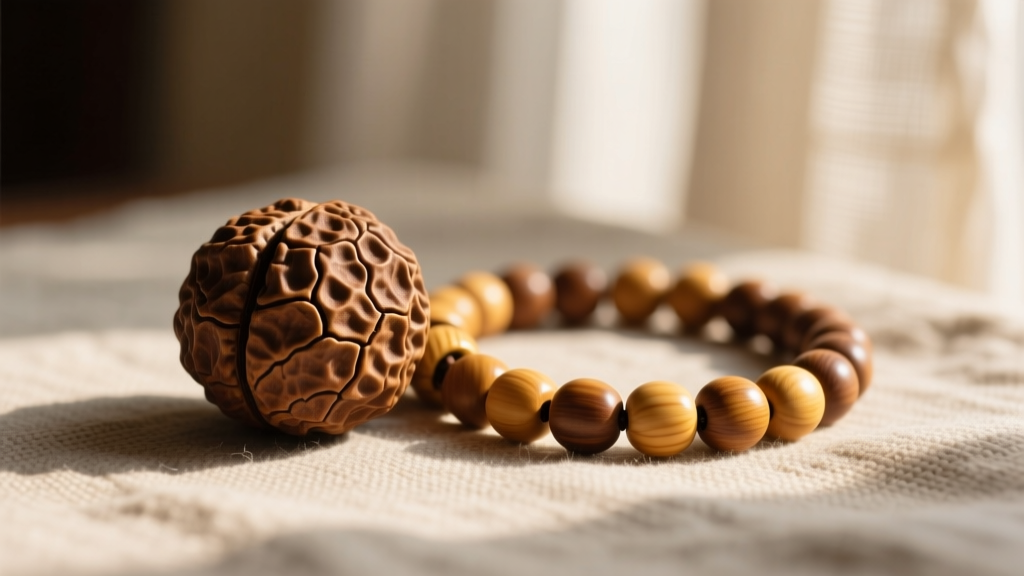 Macro shot of a textured brown Rudraksha seed and sandalwood Buddhist necklace resting on raw linen in soft warm light.