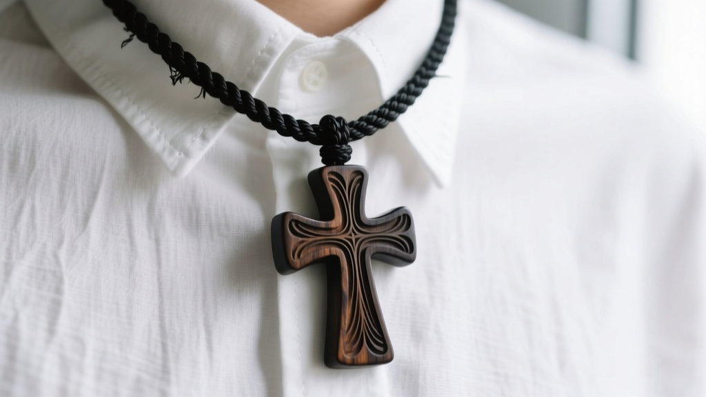 Dark ebony wood cross pendant on a braided black waxed cotton cord, shown against a crisp white linen button-down shirt collar.