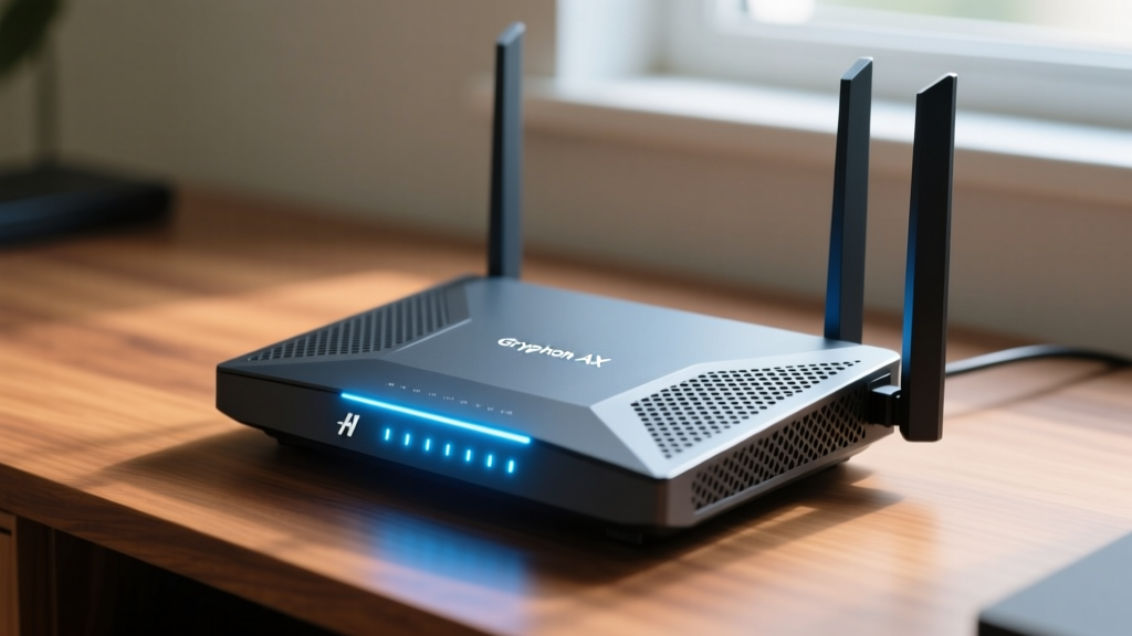 Close-up of a Gryphon AX mesh router glowing softly on a wooden desk, representing hardware-level parental controls for managing home internet.