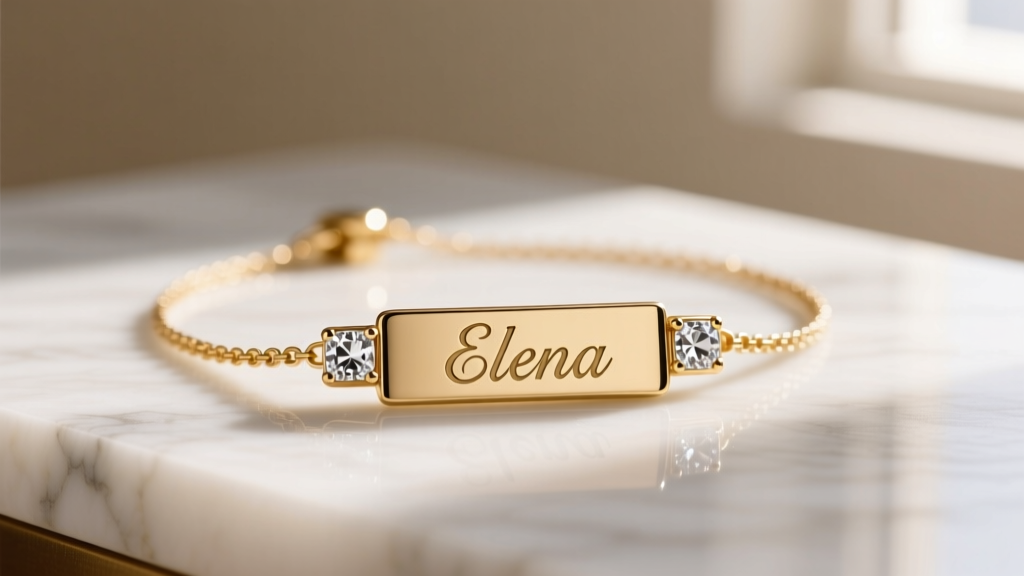 Close-up of a gold-plated brass custom name necklace resting on marble, soft natural lighting highlighting cubic zirconia accents.