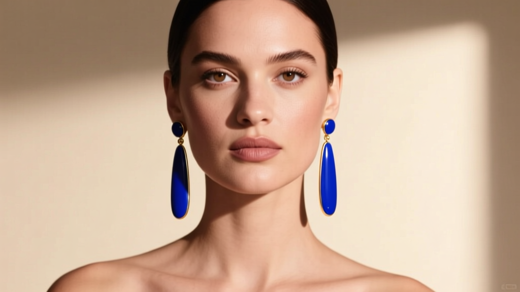 Model with a round face wearing long Nicole Miller enamel drop earrings to elongate the jawline, photographed in a soft studio.
