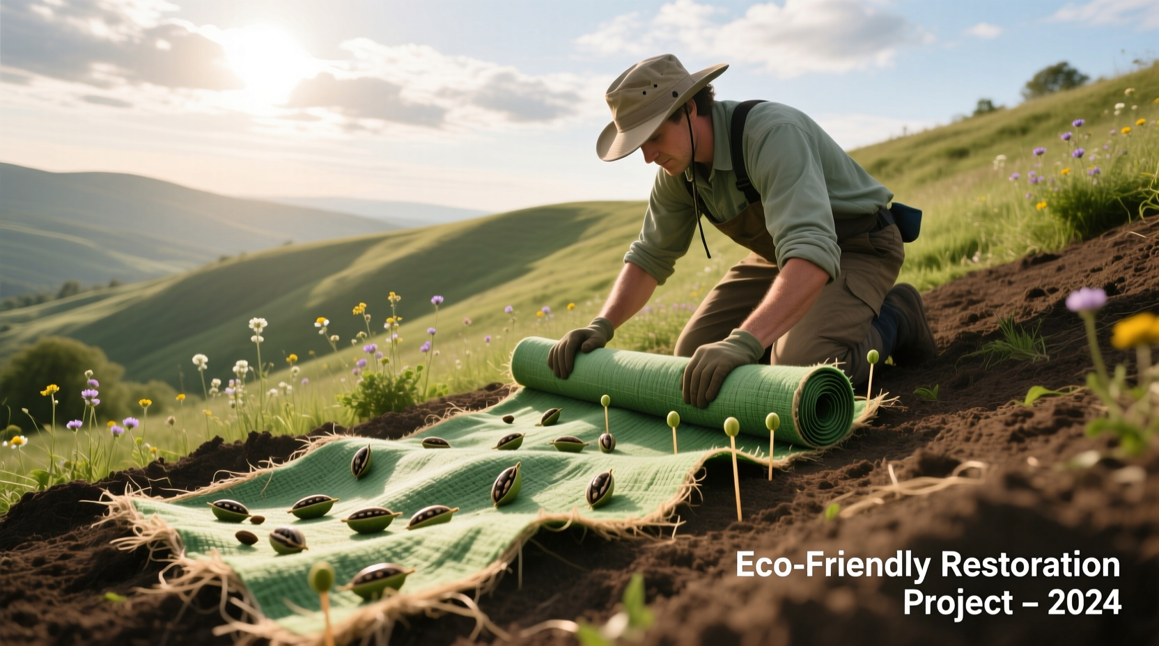 Gardener installing biodegradable seed blanket on slope