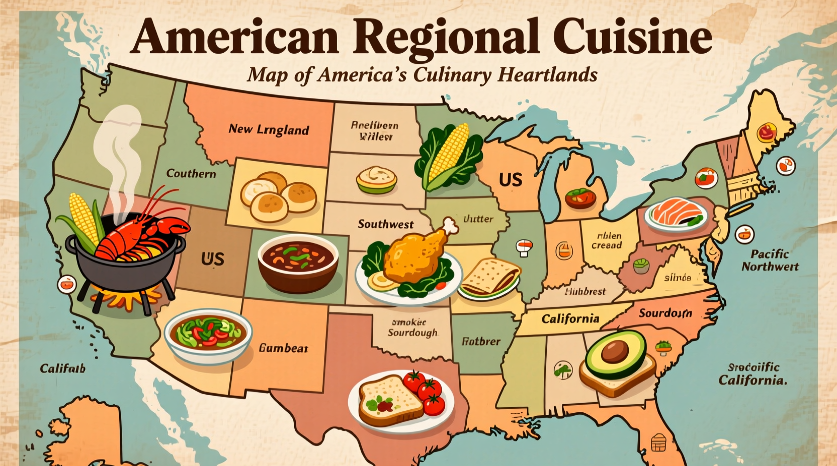 Regional American food map showing key dishes from different US areas