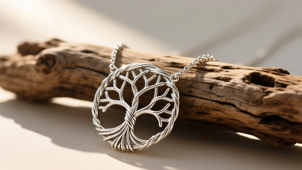 925 sterling silver tree of life necklace on raw driftwood, highlighting intricate wire-wrapped branches in warm, natural sunlight.