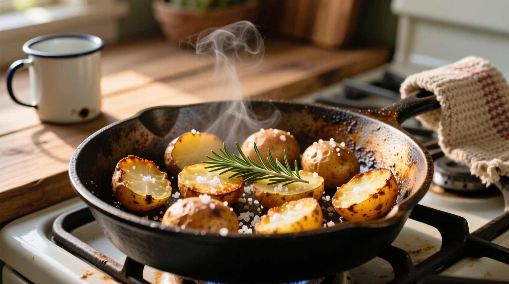 Golden brown breakfast potatoes in cast iron skillet