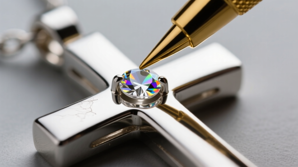 Macro shot of a jewelry bench showing a wax-tipped stylus placing a tiny SS12 clear flatback crystal into a metal cross pendant