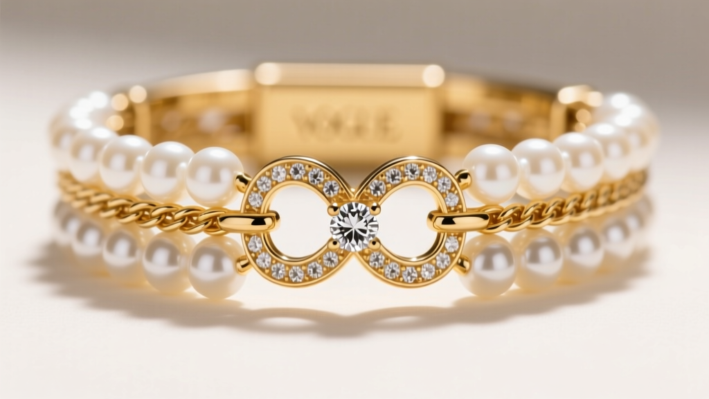 Close-up of a 14k gold multi-strand box clasp with a diamond figure-8 safety catch securing three strands of knotted white pearls.