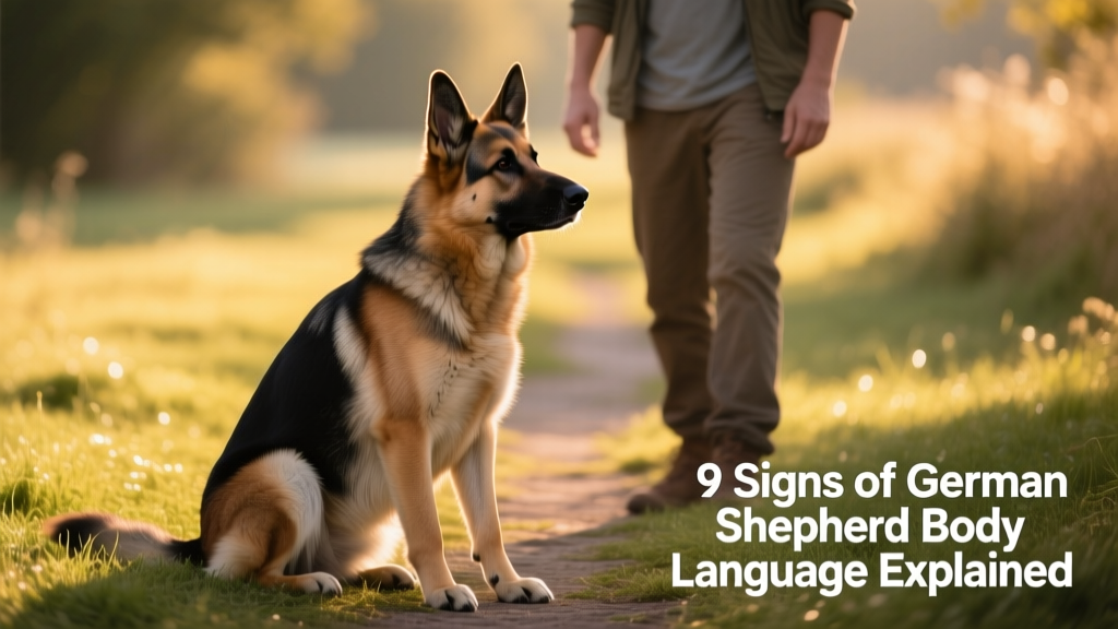 German Shepherd offering a calming signal — turning head away while sitting calmly beside owner