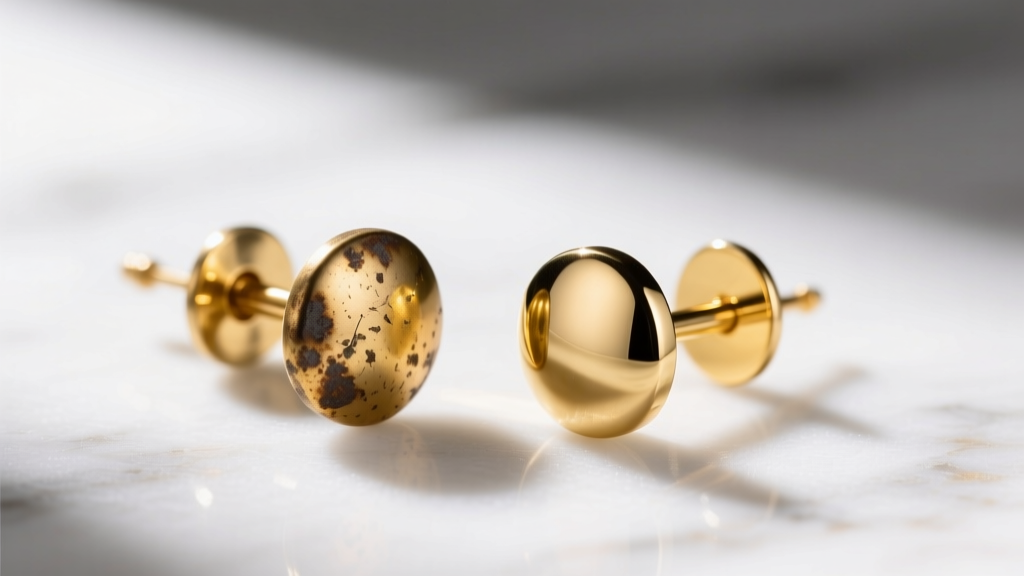 Macro shot comparing tarnished gold-plated brass earring post next to pristine 14k gold-filled post on white marble background