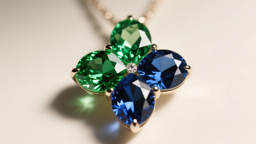 Macro view of a peridot and sapphire birthstone pendant highlighting faceted gemstone cuts under bright warm studio lighting.