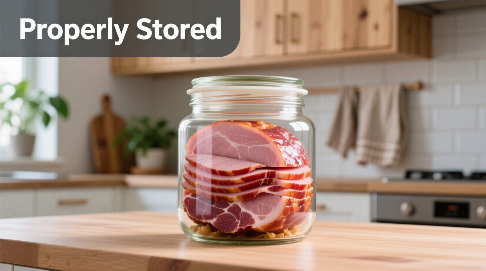 Properly stored cooked ham in glass container
