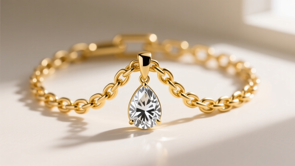 Detailed view of a 14k yellow gold box chain connecting to a seamless hidden bail on a teardrop-shaped white sapphire pendant.