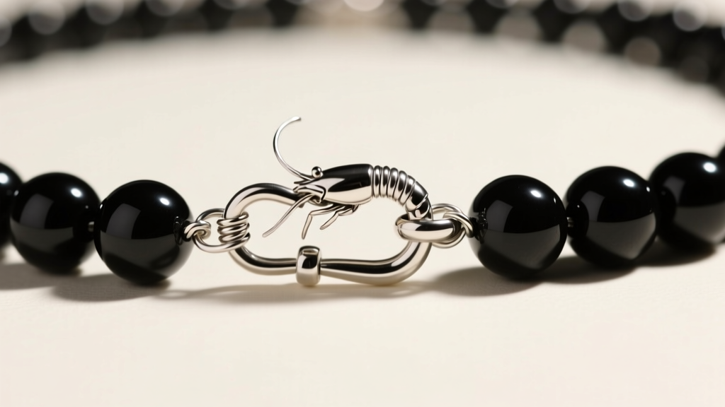Detailed view of a sterling silver lobster clasp on a black onyx bead necklace, highlighting the crimp bead and nylon stringing