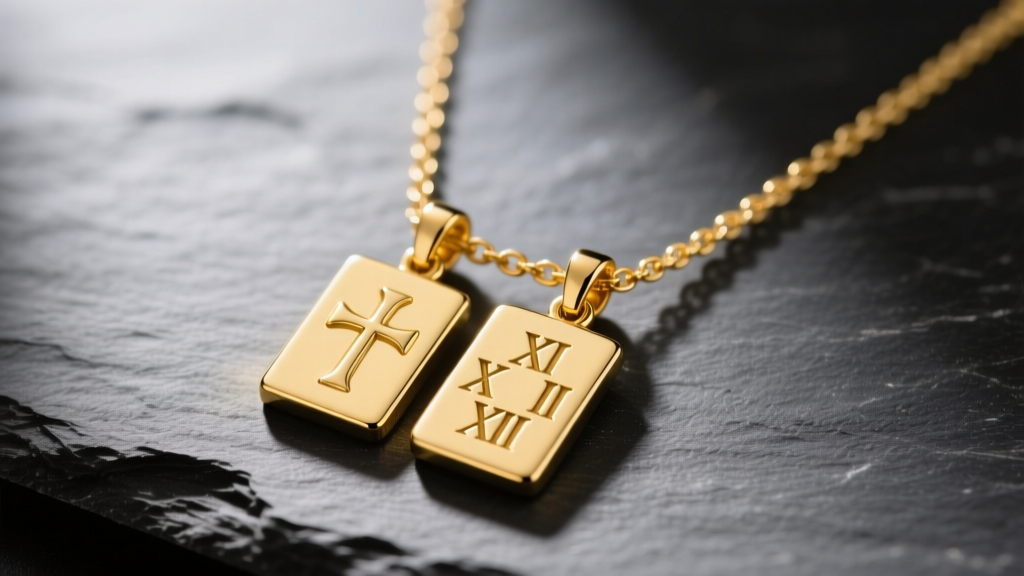 Close-up of 14k yellow gold ten commandments necklace on dark slate, showing laser-engraved roman numerals on twin tablet pendant.