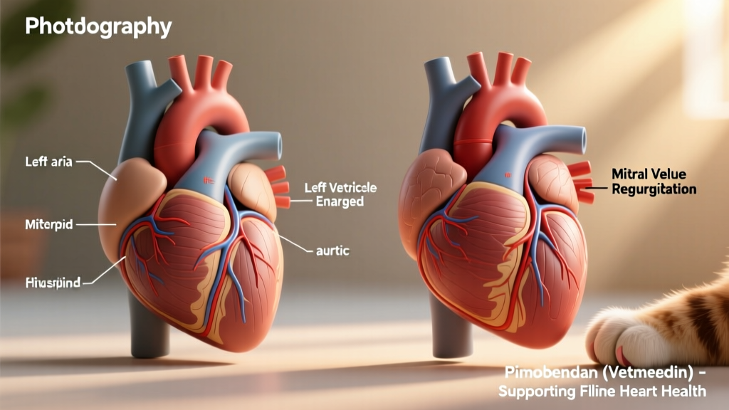 Illustration showing normal vs. enlarged feline heart anatomy with labeled chambers and valves