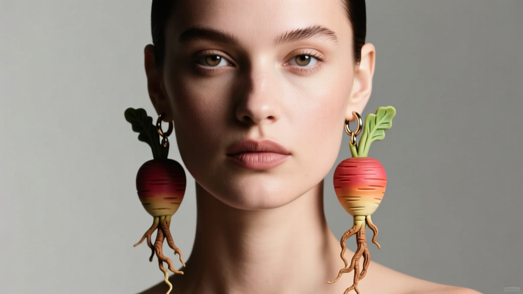 Model wearing polymer clay radish dangle earrings with 18-gauge titanium hooks, soft natural lighting, editorial fashion portrait