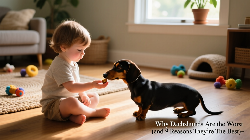 A gentle, respectful interaction between a child and a Dachshund — the child sits beside the dog, offering a treat with an open palm, while the dog sniffs calmly