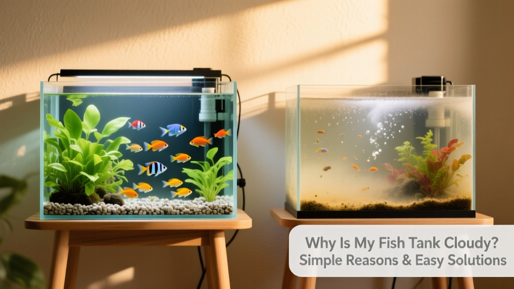 Side-by-side comparison of a clear, healthy fish tank versus one with visibly cloudy, hazy water