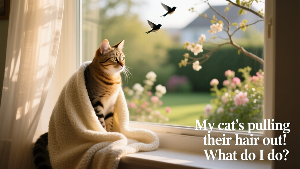 Cat sitting calmly on a window perch with a soft blanket, looking relaxed and engaged with the outdoors
