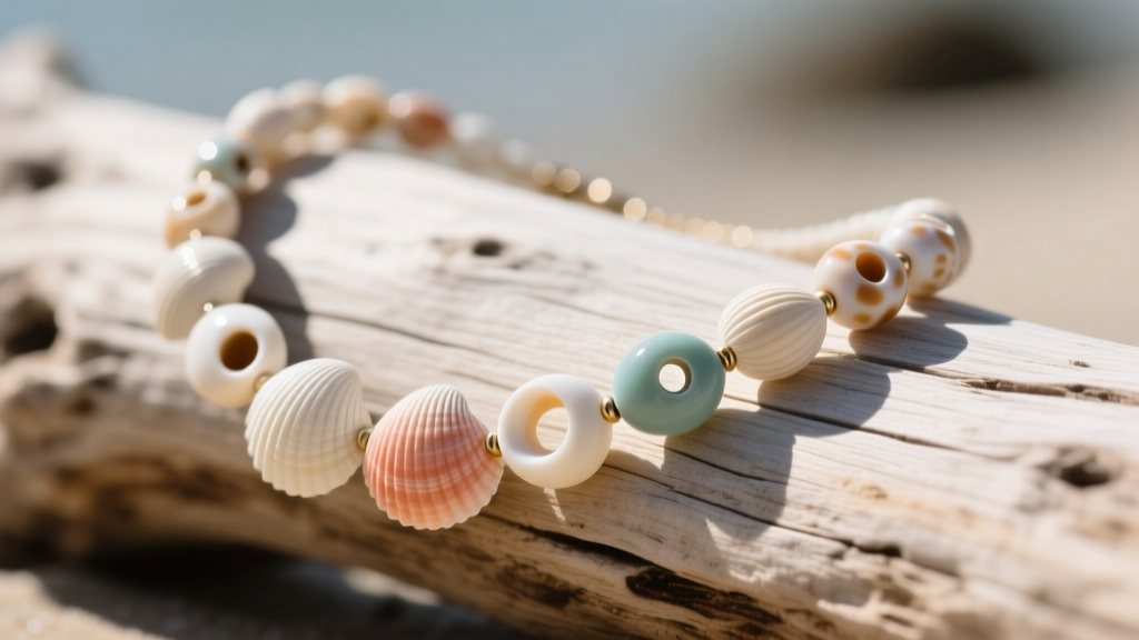 Macro shot of a natural puka shell necklace on driftwood, showing asymmetrical domed beads and off-center holes in soft light.