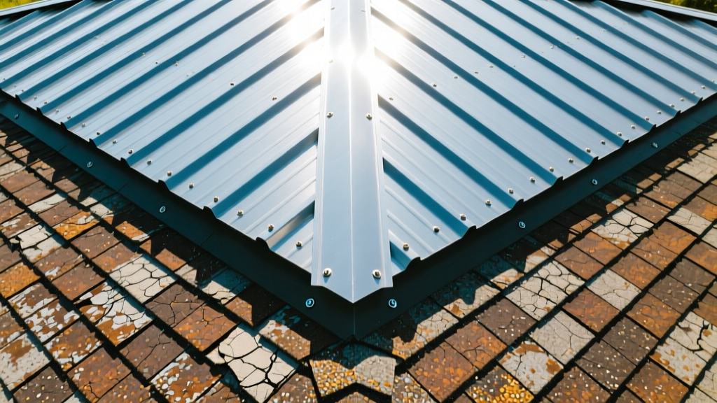 Overhead view of a newly installed standing seam metal roof contrasting with weathered asphalt shingles under bright midday sunlight