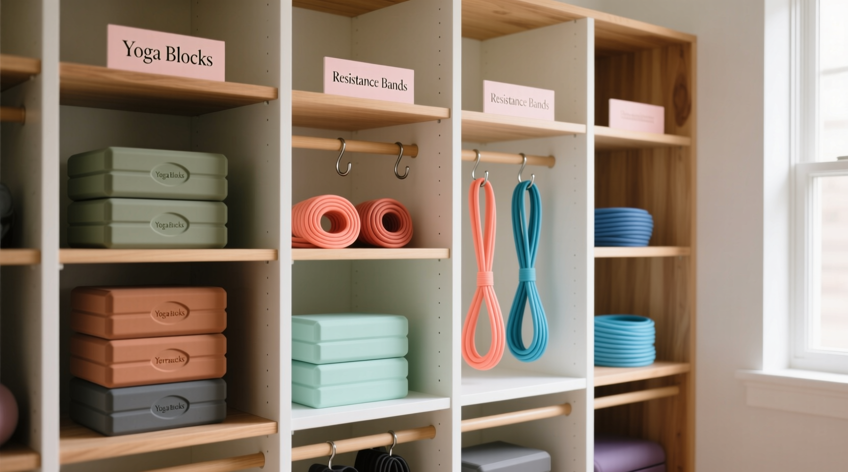 closet organization tips for yoga blocks bands